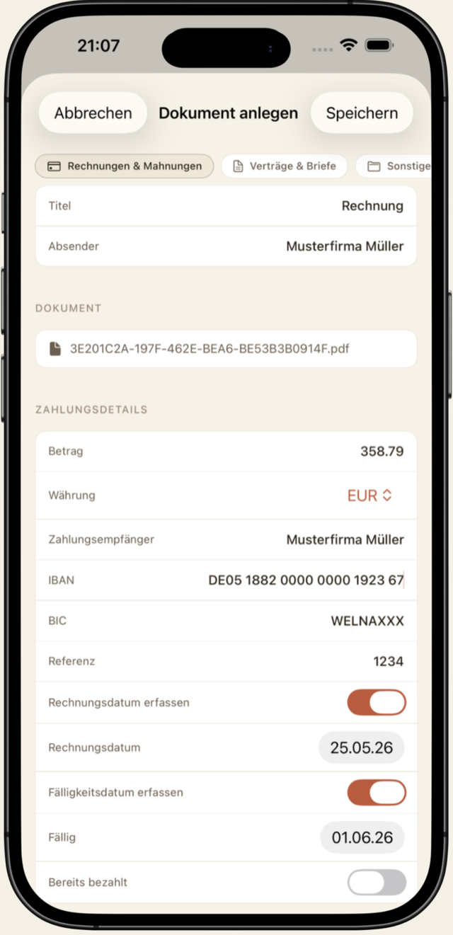 Paperhold: automatisch ausgefülltes Dokument mit Absender, Betrag, IBAN und Fälligkeit